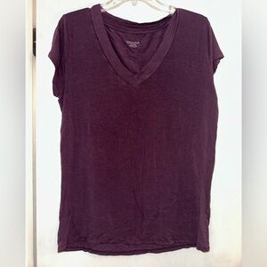 Purple v neck stretchy t-shirt. Soft A-line form fitting shirt.